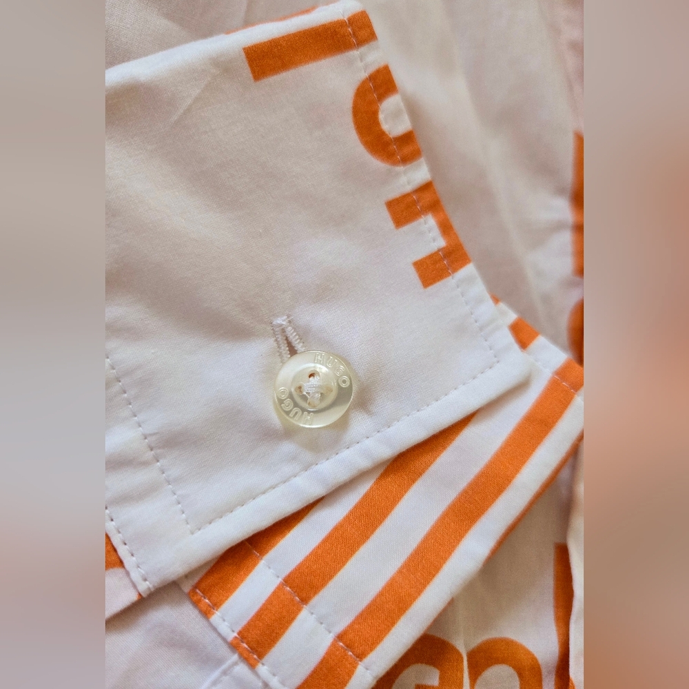 NWT HUGO BOSS Printed Slim-Fit White and Orange Patterned Shirt In Cotton Size:S - Picture 3 of 10